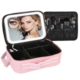 Travel Makeup Bag with LED Mirror – 3 Light Colors, Adjustable Dividers & Brush Holder (Option: L_Pink)