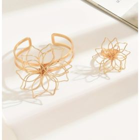 Lxalry Fashion Women's Jewelry Set, Elegant Geometric Lattice Flower Ring, Double-Layer Smooth Open Adjustable Bracelet With Inlaid Lattice Line (Option: Golden)