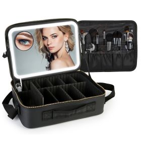 Travel Makeup Bag with LED Mirror – 3 Light Colors, Adjustable Dividers & Brush Holder (Option: L_Black)