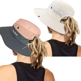 Women's Outdoor UV-Protection-Foldable Sun-Hats Mesh Wide-Brim Beach Fishing Hat with Ponytail-Hole (Color: Pink+beige)